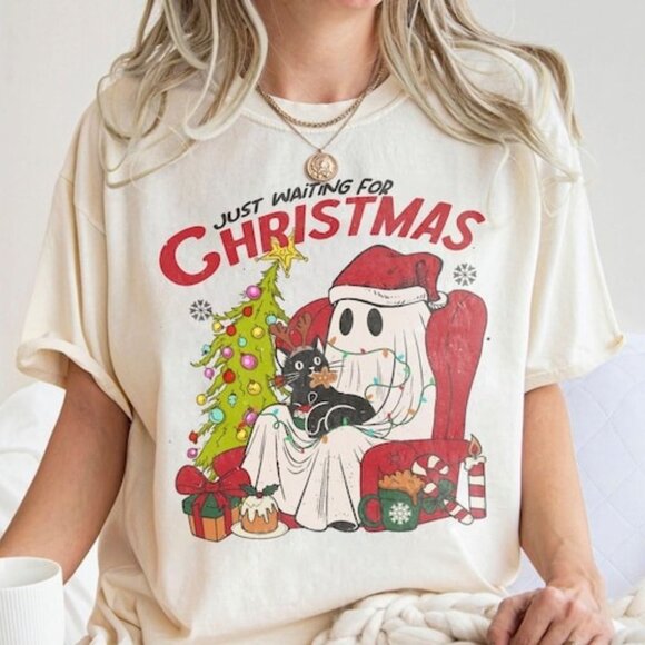 Unbranded Other - Just Waiting For Christmas Shirt, Ghost And Funny Cat Christmas Tee